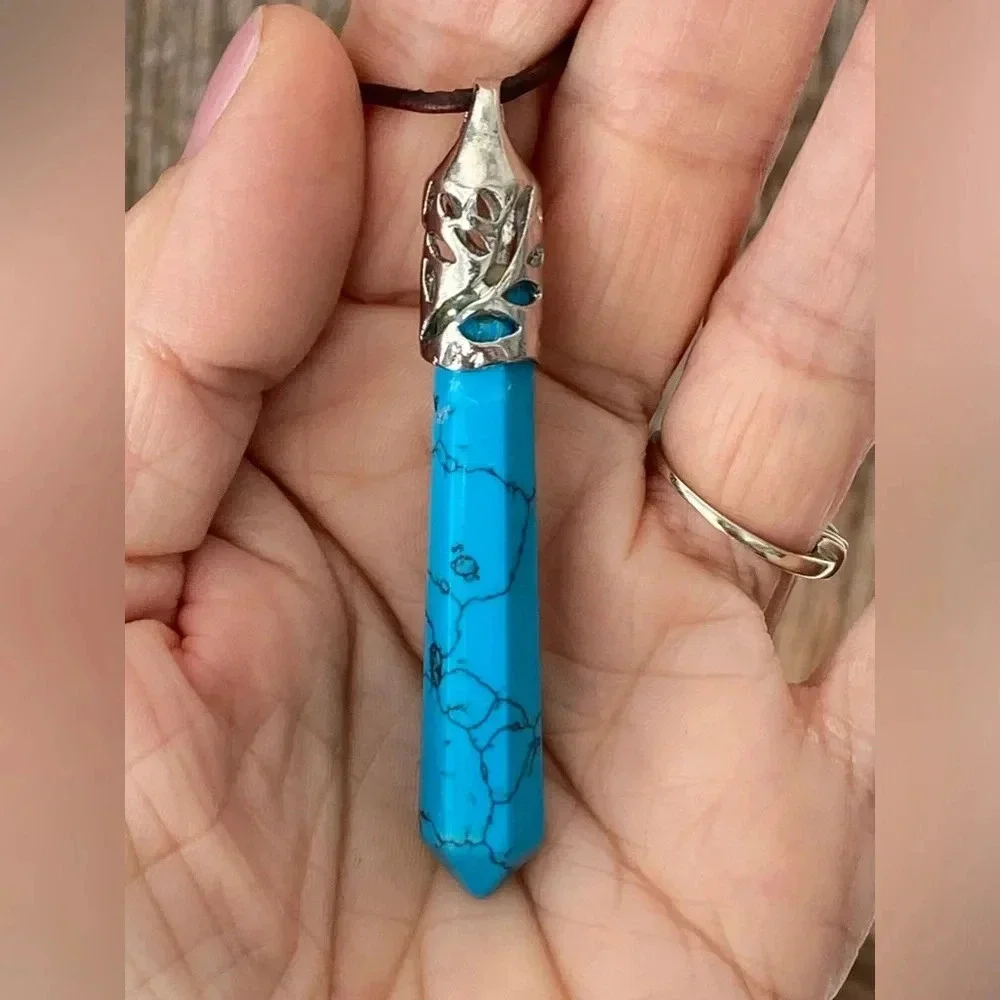 Handmade Turquoise Howlite Obelisk Pendant Leather Slider Necklace